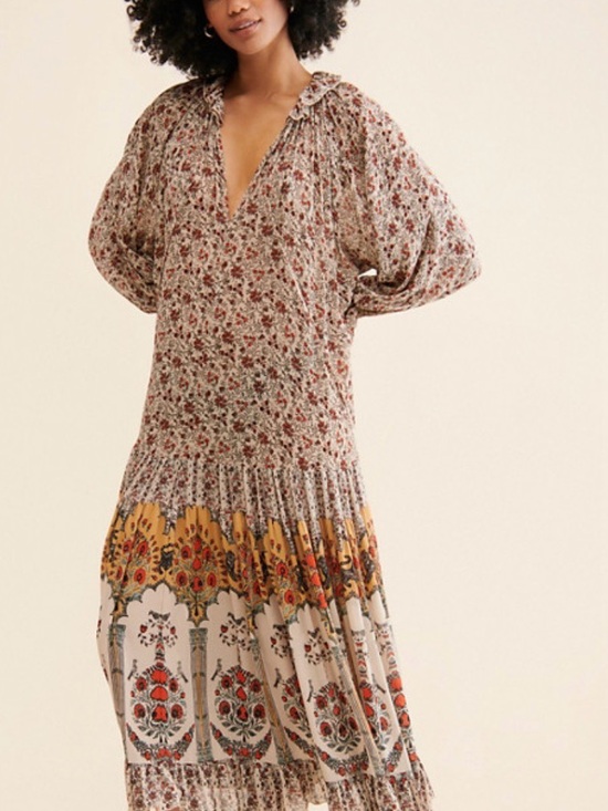 Free People Dresses & Skirts - Free People Floral Maxi Dress in Cream, Rust and Mustard